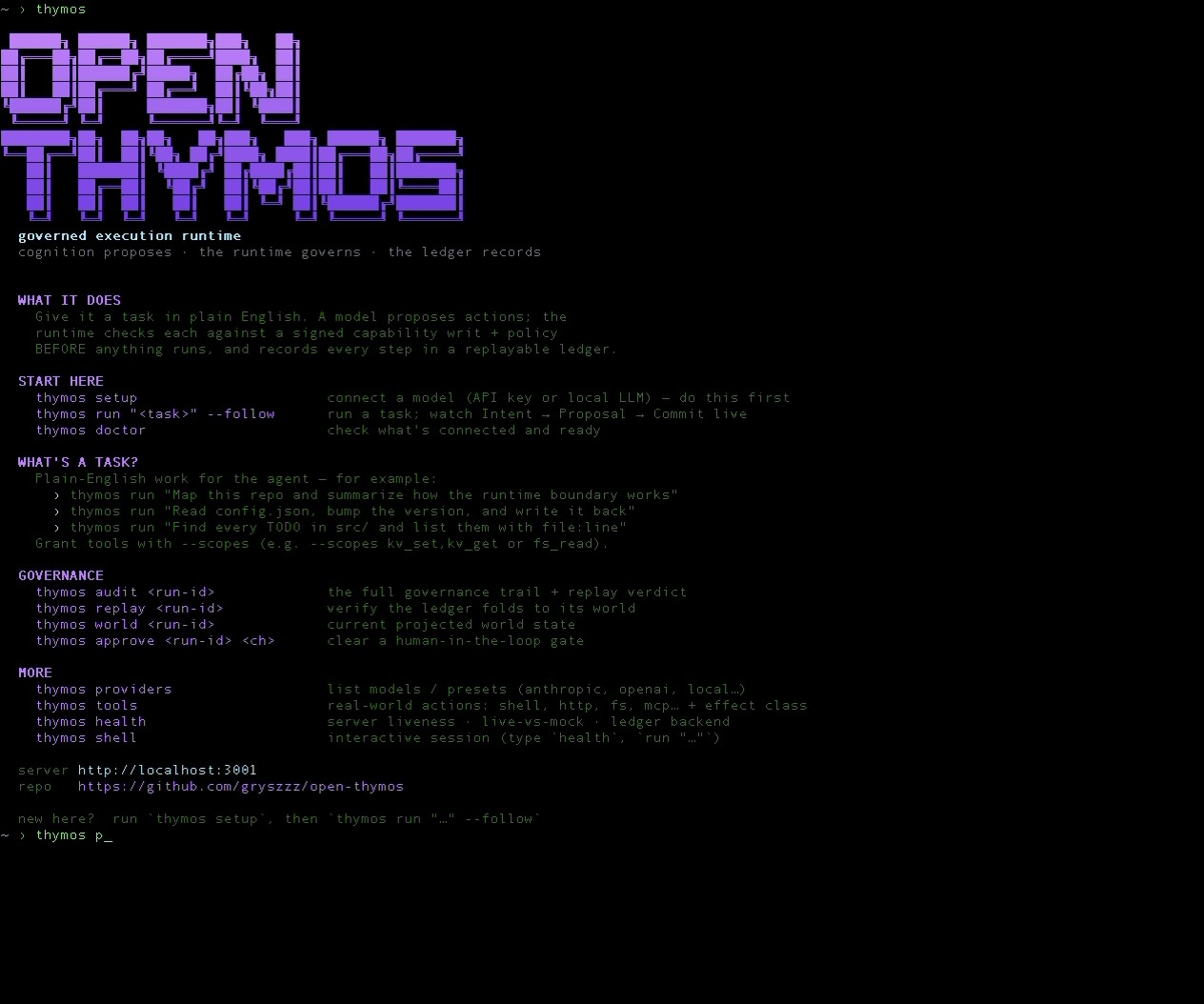The thymos CLI streaming a governed run in the terminal